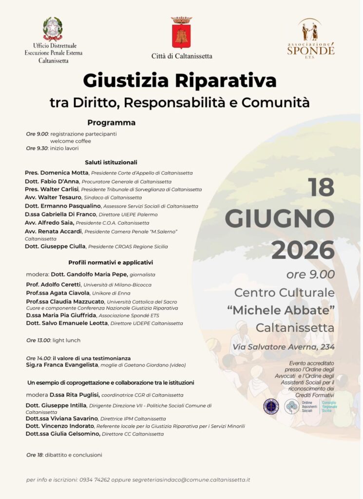 Caltanissetta, focus sulla giustizia riparativa al Centro culturale &ldquo;M. Abbate&rdquo;